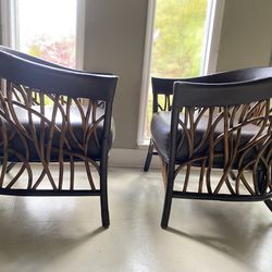 Palecek - Mid century Woven Wood Brown Leather Club Chairs