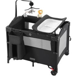 HARPPA Pack and Play 5 in 1, Portable Baby Playard for Travel, Baby Bassinet Bedside Sieeper with Mattress, Rolling Bassinet for Infant, Pack n Play w