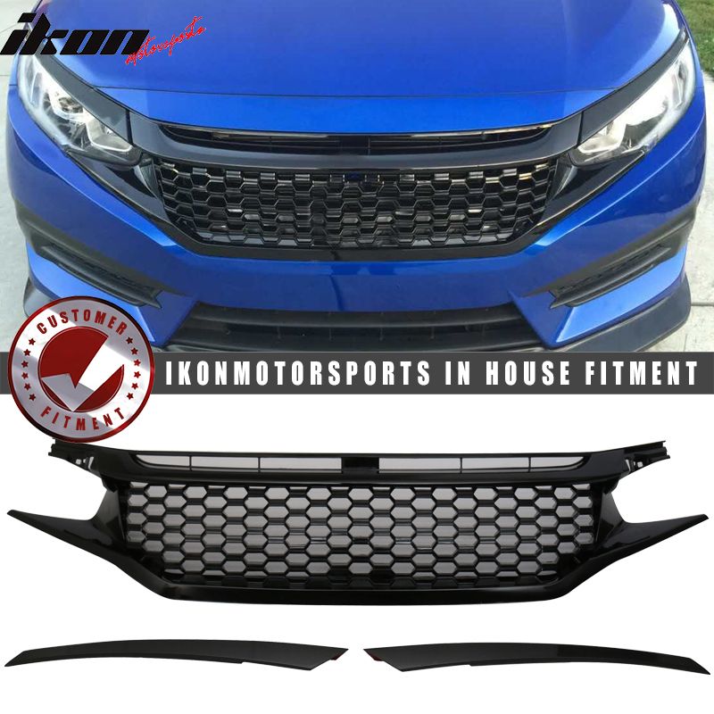 Fits 2016-2021 Civic Coupe Sedan Hatchback Gloss Black Mesh Grille With 2PC Eyebrows