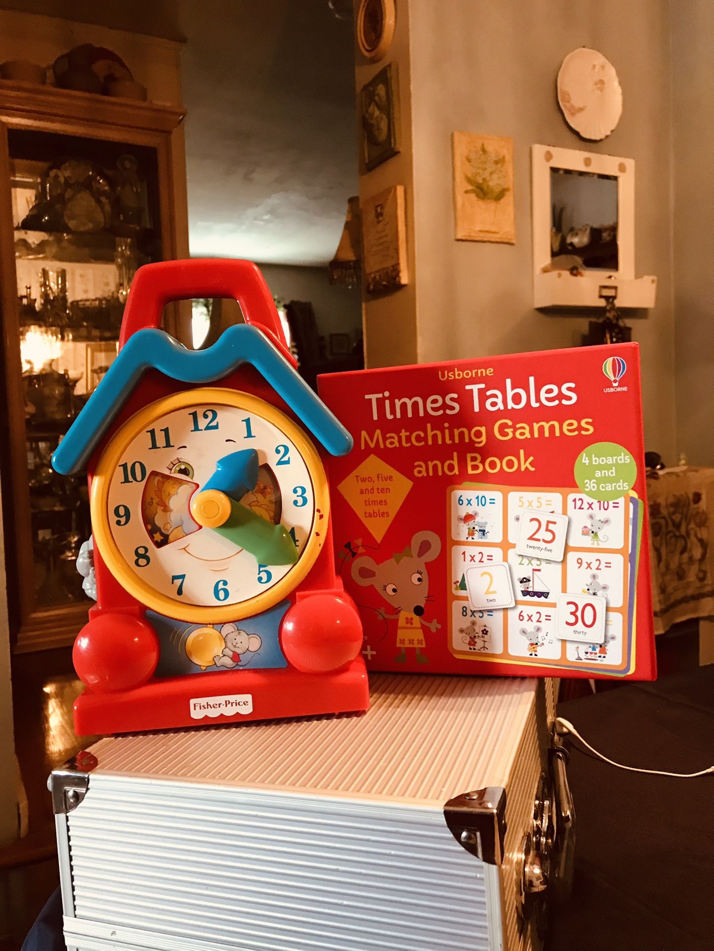Vintage Fisher Price Musical Teaching Clock And Usborne Times Table Matching Games And Book