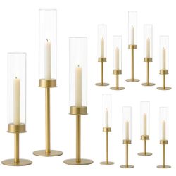 Hewory Gold Candle Holders Hurricane Candlestick Holders, 12Pcs Brass Candle Stick Candle Holder Candelabra, Taper Candle Holders With Glass Candle Co