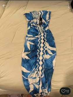 Fashion Nova Blue & White Ruched Maxi Dress – Size XS – New With Tags