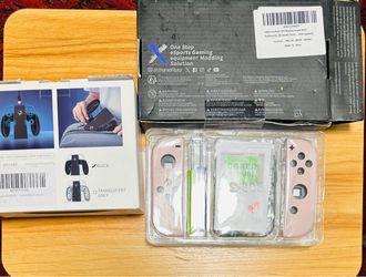 Nintendo Switch Accessory Bundle: eXtremeRate DIY Pink Shell Replacement Kit & Charging Grip