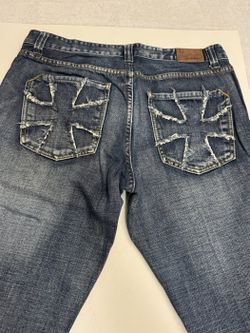 Flypaper Mens Jeans 34x32 Blue Faded Distressed Iron Cross Back Pockets