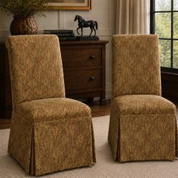 Pair Tapestry Skirted Parsons Chairs – Upholstered Dining Accent Chairs