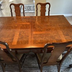 Wood Dining Table With Burl Inlay,6 Chairs And 1 Leaf