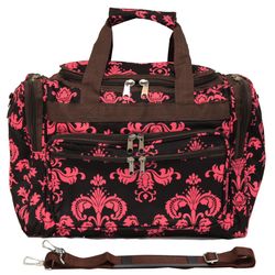 16” Carry On Duffle Bag w/ Shoulder Strap -  Brown & Pink Damask