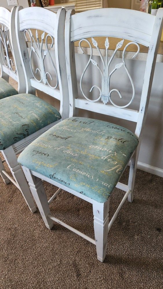 3 Vintage-Styled White Bar Chairs w/ Cushioned Seats