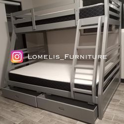 Twin/Full Gray Bunk bed w. Drawers & Ortho Mattresses Included 