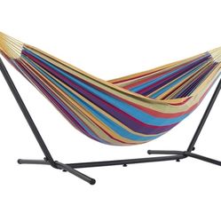 Vivere Double Cotton Hammock with Space Saving Steel Stand, Upgraded Polyester End Strings 450 lb Capacity - Premium Carry Bag Included - (Used Once)