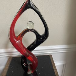 Hand Blown Glass Murano Style Art Fused Sculpture Abstract  Red Black