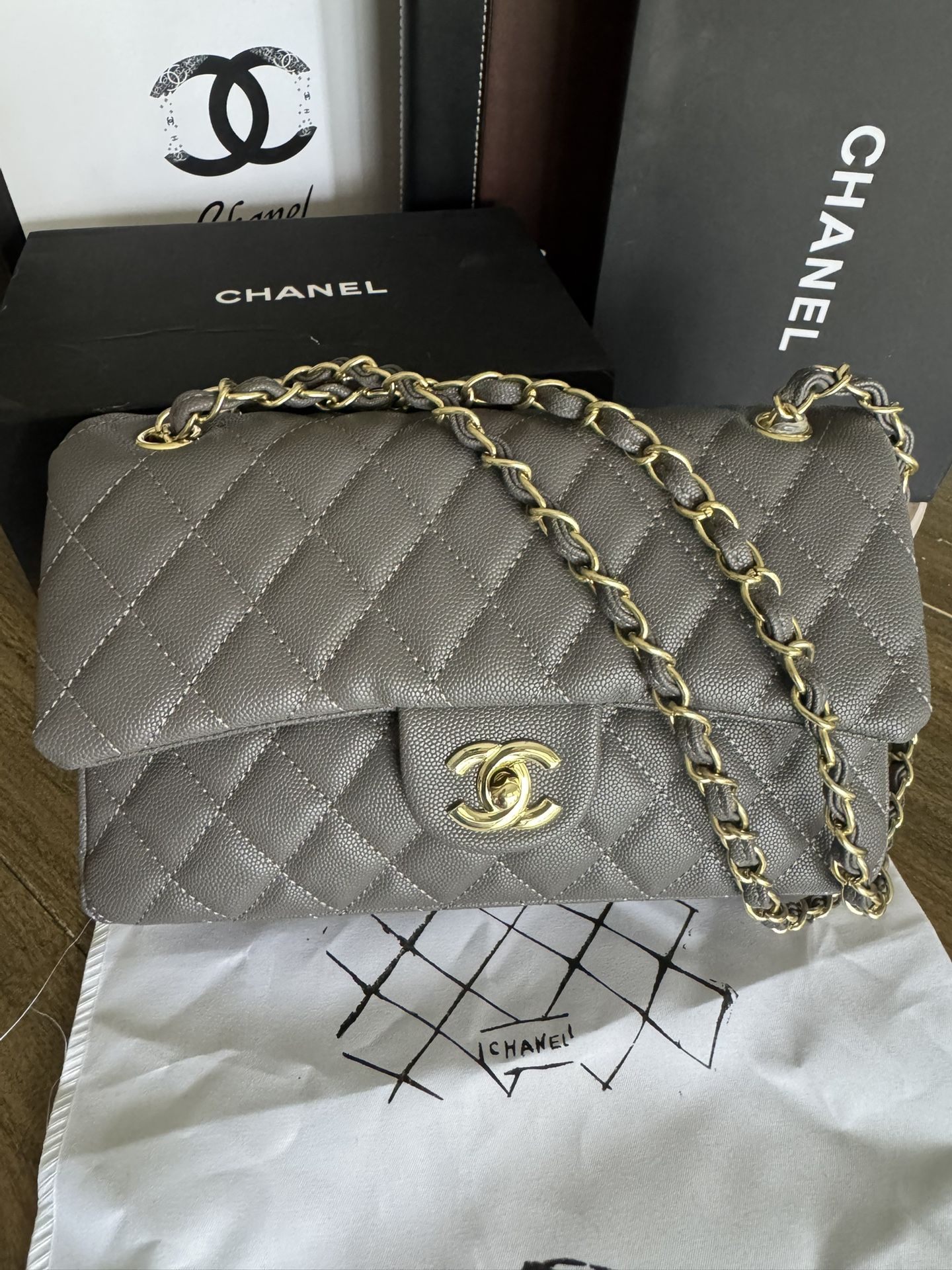 Chanel Bag Medium Double Flap Bag Gray Leather with Gold Hardware