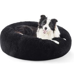 Calming Dog Bed for Large Dogs - Donut Washable Large Pet Bed, 36 inches Anti-Slip Round Fluffy Plush Faux Fur Dog Bed, Fits up to 100 lbs Pets, Black