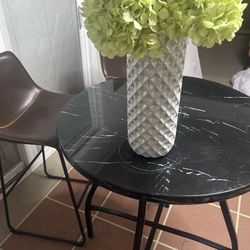 Bar Round Table and Two Brown Leather Stools 