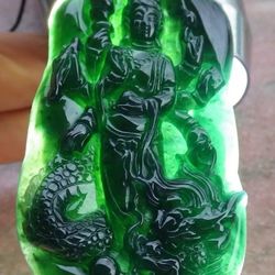 106789 VS Certified JADEITE Jade Hand Carved Blue Green Kwan Yin Guanyin Dragon Pendant