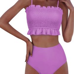 Women Shirred Bandeau Bikini Cute Two Piece Off Shoulder High Waist Bathing Suit