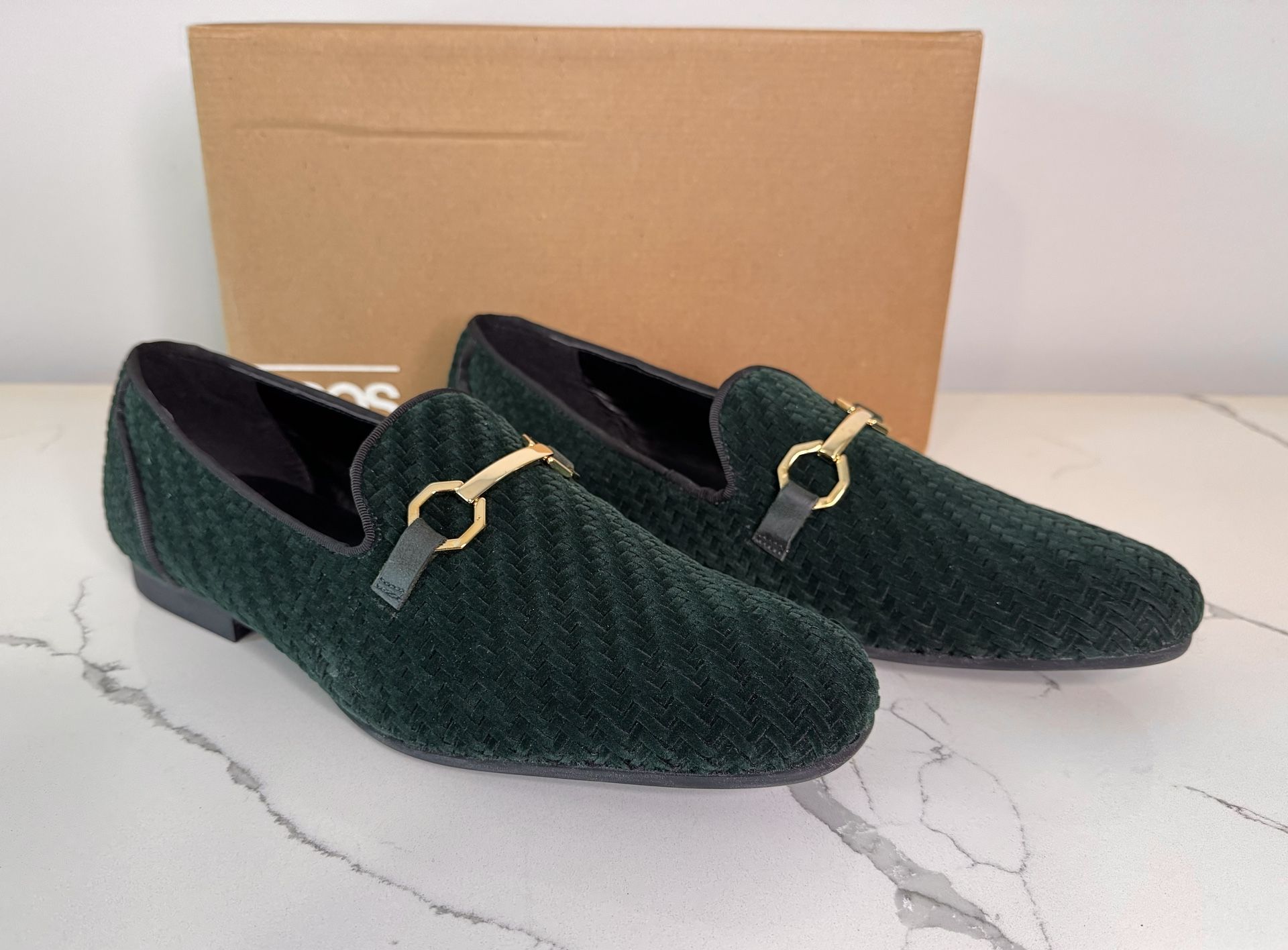 Men’s ASOS Emerald / Hunter / Forest Green Woven Velvet, Slide On Loafers, Size 11 US