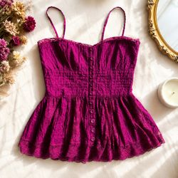 Vintage Betsey Johnson Magenta Lace Peplum Cami Top | Y2K | Button Front