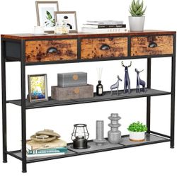 Furologee Entryway Table, 38'' Console Sofa Table with 3 Fabric Drawers, Industrial Entry Way Table with Storage Shelves, Display Shelf for Living Roo