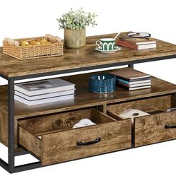 Farmhouse Coffee Table with Open Storage Shelves and 2 Drawers, 43.5" Length Center Table Cocktail Table with Metal Frame for Living Room, Rustic Brow