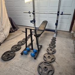 Olympic Weights, 7-ft Bar, Adjustable Bench, Weight Holder Rack