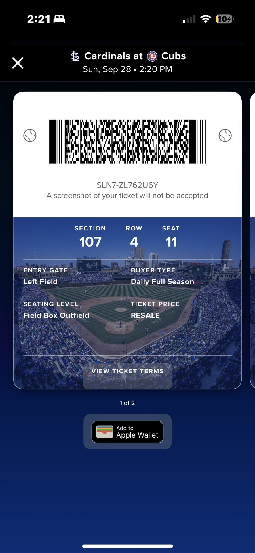 Cubs Tickets Sunday Vs cards