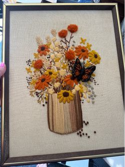 Vintage 1970s Crewel Embroidery Floral & Butterfly Wall Art