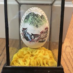 Vintage Chinese Oriental Asian Scene 5" Hand Painted Carved Egg In Glass Case. Condition is pre owned and is overall in very solid and respectable sha