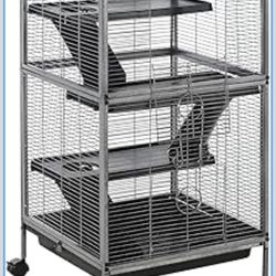 PawHut Metal Small Animal Cage, 4-Tiers Rolling Big Ferret Cage with Hammock, Removable Tray, for Chinchilla, Sugar Glider, Gray