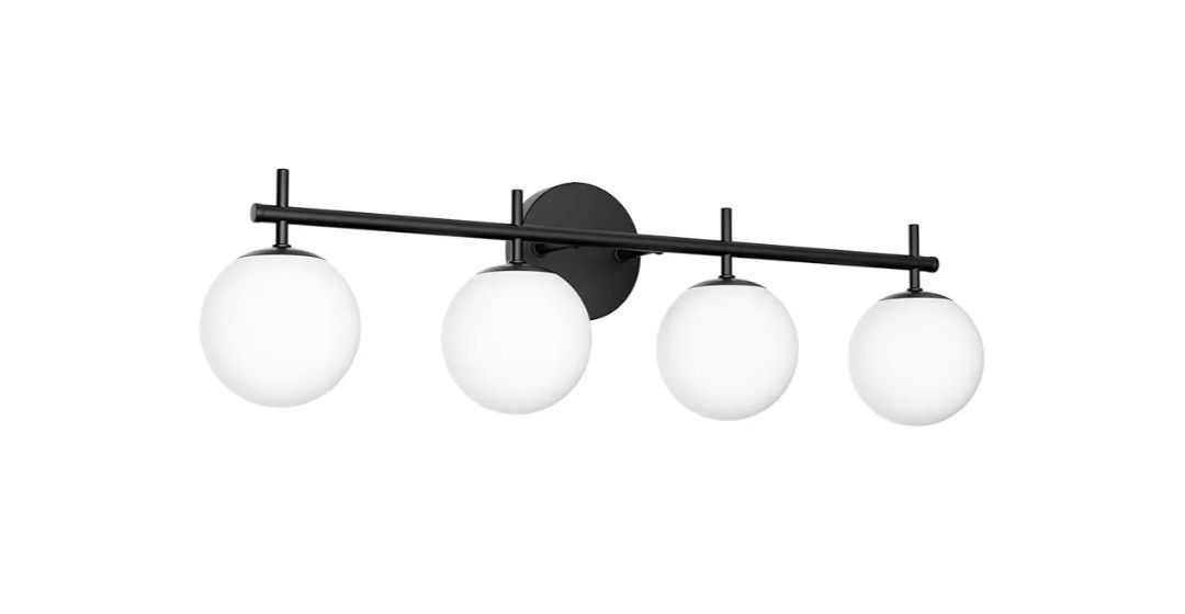 2300: [C3] New Mid Century Modern Bathroom Vanity Lights 4 Lights Milk White Glass Globe Matte Black Bathroom Lighting Fixtures