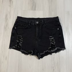 Black Ripped Raw Hem Denim Jean Shorts