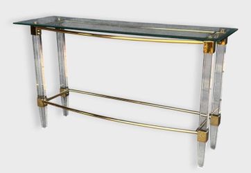 Hollywood Regency Glass And Lucite Polished Brass Console Table - Will Deliver