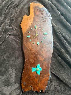 Vintage Live Edge Wood Slab Wall Clock with Turquoise