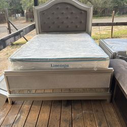 Silver Full Size Bed Frame With Dresser Mattress, And Boxspring