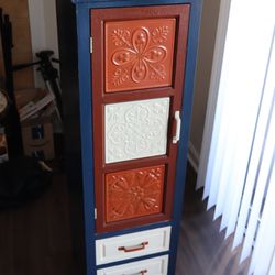 Sedona Shabby Chic 4’ Tall Orange Blue White Cabinet Shelf With Tin Door And 2 Drawers