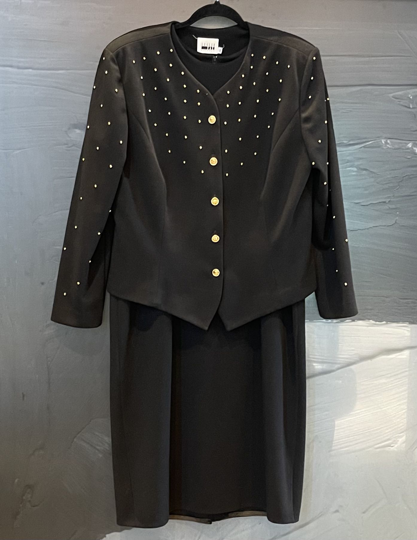 VTG Leslie Fay Sleeveless Black Dress w/Jacket Gold Buttons/Studs Sz 16