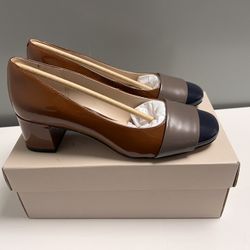 Brown and navy leather Clarks heels