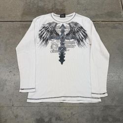 vintage no boundaries cross angel wings white thermal shirt size large