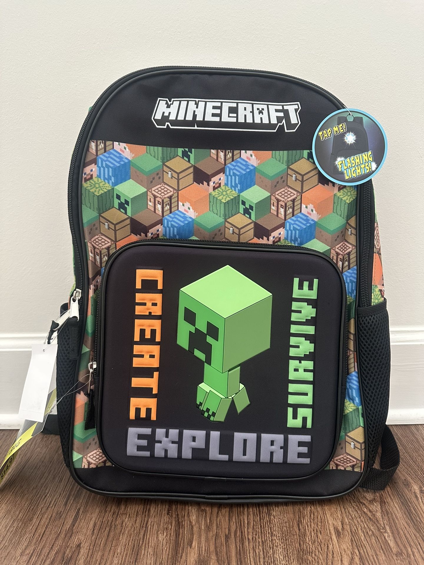 Minecraft Creeper School Backpack 17 Green Black Kids Bag Light Up New