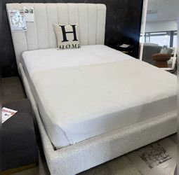 Boucle fabric white elegant Queen platform bed frame