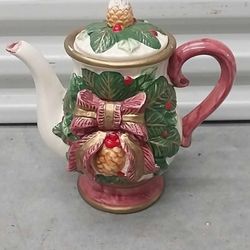 Vintage Christmas Tea Pot, "Pine Cones, Holly, and Bow" Gold Trim Ceramic Teapot