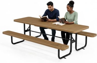 Metal Picnic Furniture for Outdoors with Umbrella Hole - Coated Steel Heavy Duty Commercial Grade Table with Adjustable Seats, Patio Set for a Lifetim