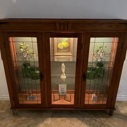  (Read Description Please) Beautiful Heavy Vintage Wood Leaded Glass Hutch Top Project Cabinet