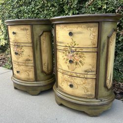 Pair of Vintage Hand-Painted Oval 3-Drawer Nightstands (Maitland-Smith)