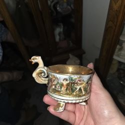 Antique Porcelain Swan Handle Cup – Classical Mythology Scene Gold Interior