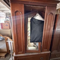 Antique Wooden Wardrobe / Hall Armoire with Mirror - 86" Tall