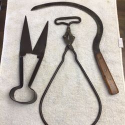 Antique Elgin Coal & Ice Ice Tongs Village Blacksmith Hand Sickle Steel Single Bow Sheep Shears Restored