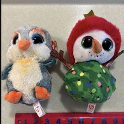 CA. 2 PLUSH. TY. BEANIE BOOS. GARLAND SNOWMAN. FISHER THE BIRD. 