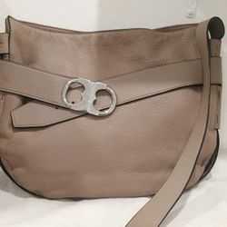 $498 TORY BURCH Gemini Link Hobo Taupe Crossbody Bag Soft Pebble Leather Designer Purse  Authenti6