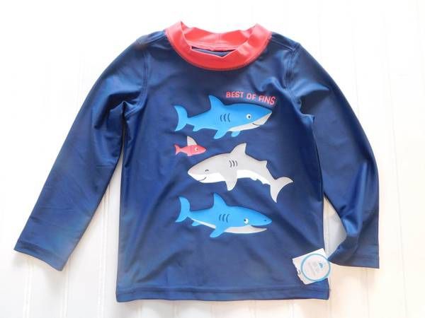 NWT Carters Boys Rash Guard Swim Shirt 24M Month BEST OF FINS Sharks — Long Sleeve (50+ Sun Protection)